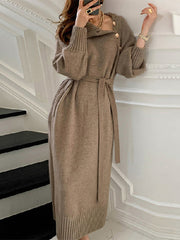 Fashion High Collar Knit Lace-up Slim Midi Dress