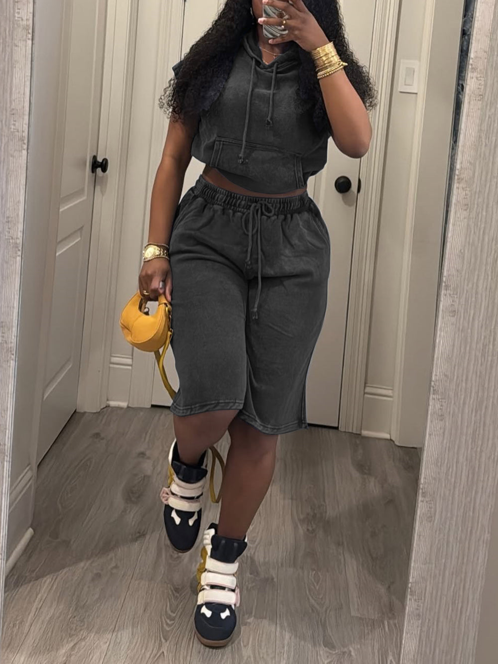 Casual Wash Drawstring Hooded Top And Capri Pant Sets