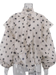 Casual Ruffle Puff Sleeve Sheer Heart Print Blouse