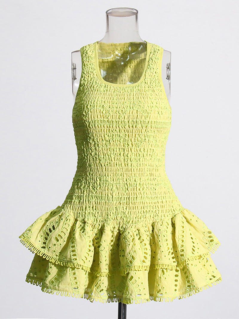 Fashion Sleeveless Embroider Ruffle Mini Dress