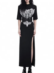 Casual Round Neck Lace Patchwork High Split Dress