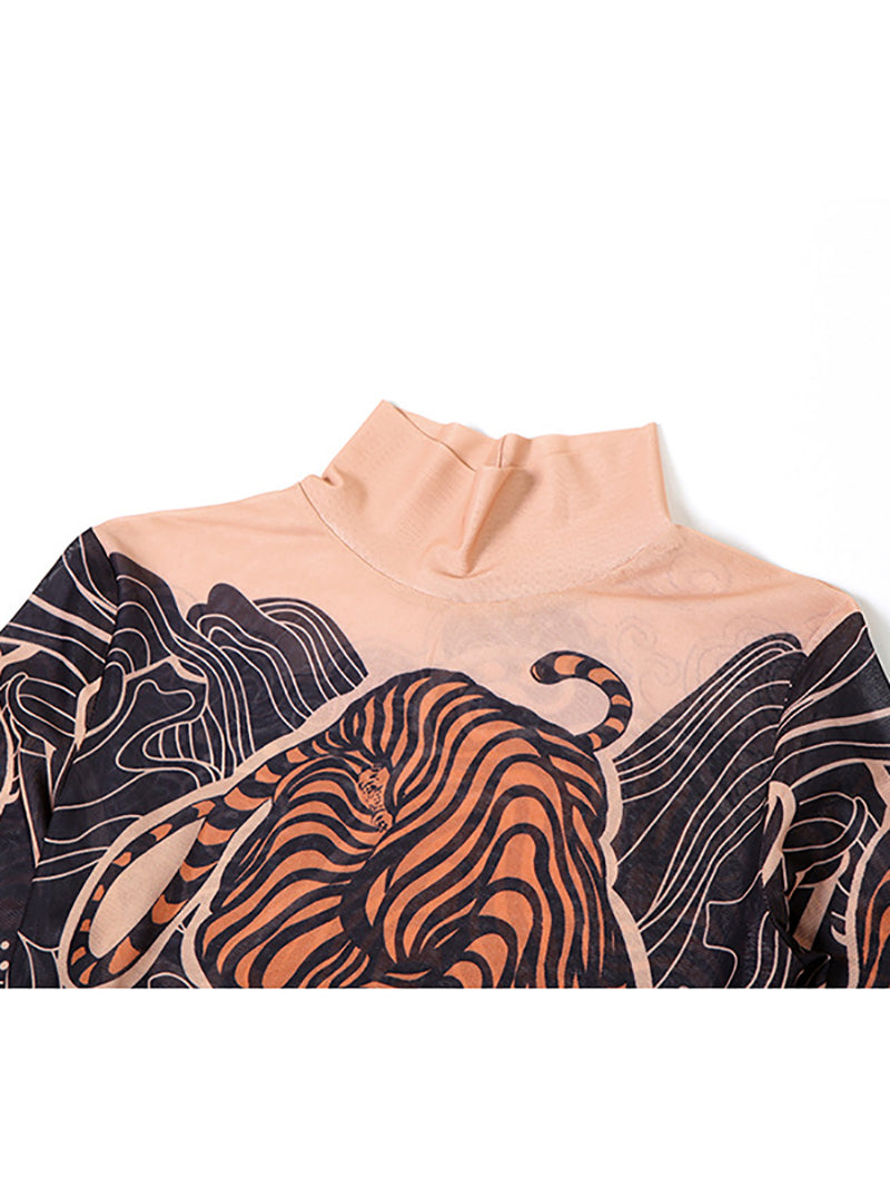 Fashion Tiger Print Half High Collar Mesh Maxi Dress