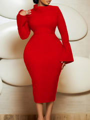 Fashion Oblique Collar Solid Bodycon Midi Dress