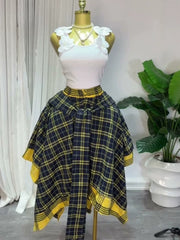 Plaid Tie Waist Asymmetric A Line Skirt