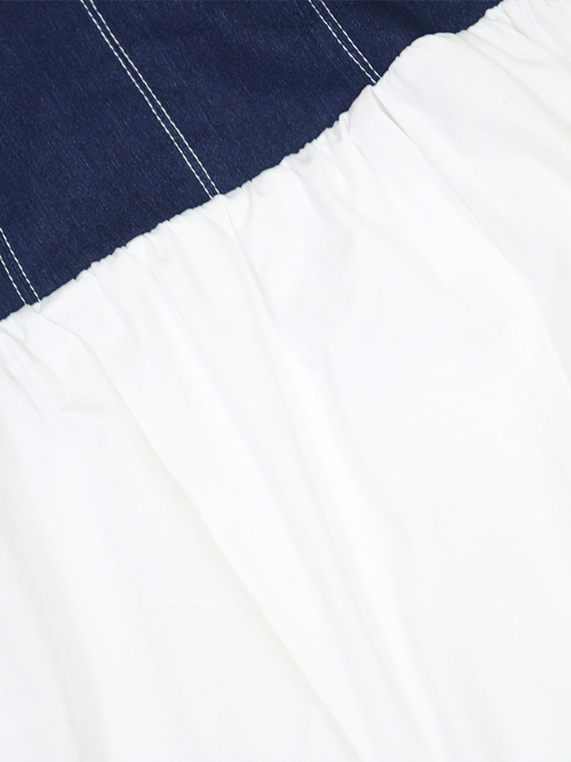 Sexy Deep V Denim Patchwork Cinched Waist Maxi Dress