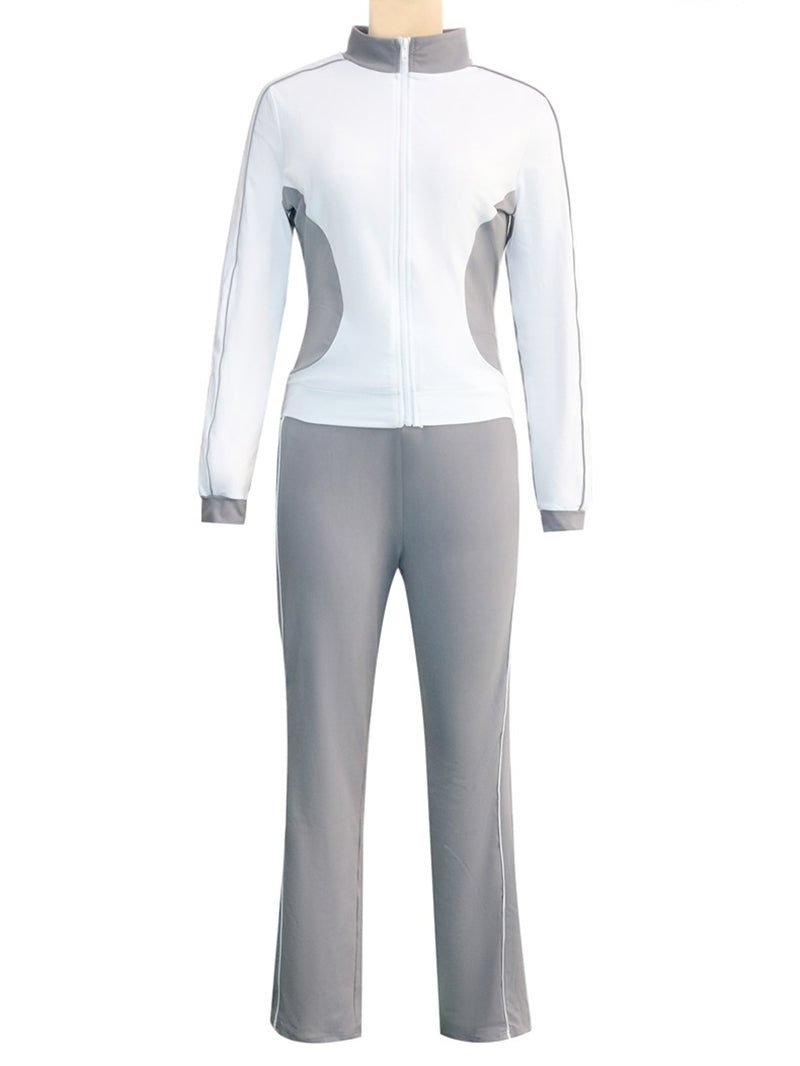 Casual Patchwork Zip Up Top and Pants Sports Set