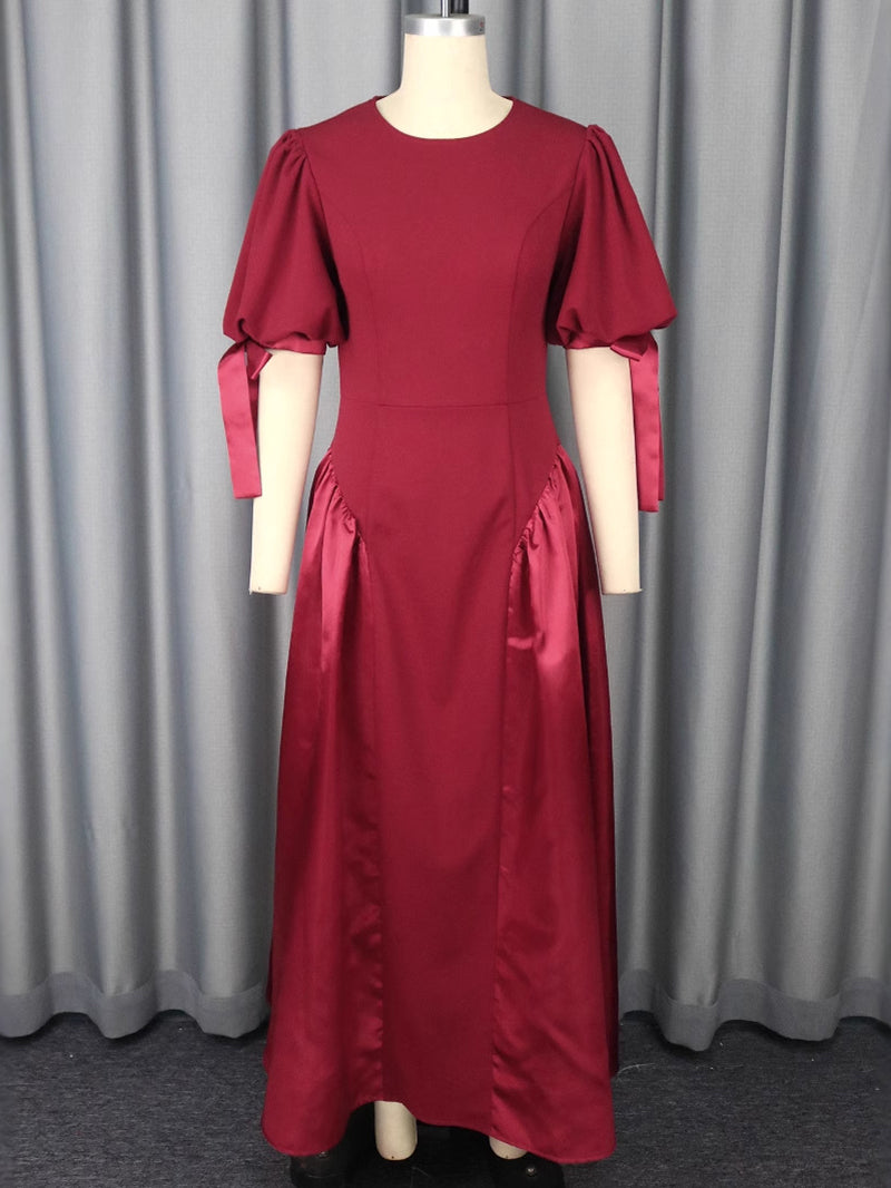 Elegant Round Neck Puff Sleeve Patchwork Party Dress