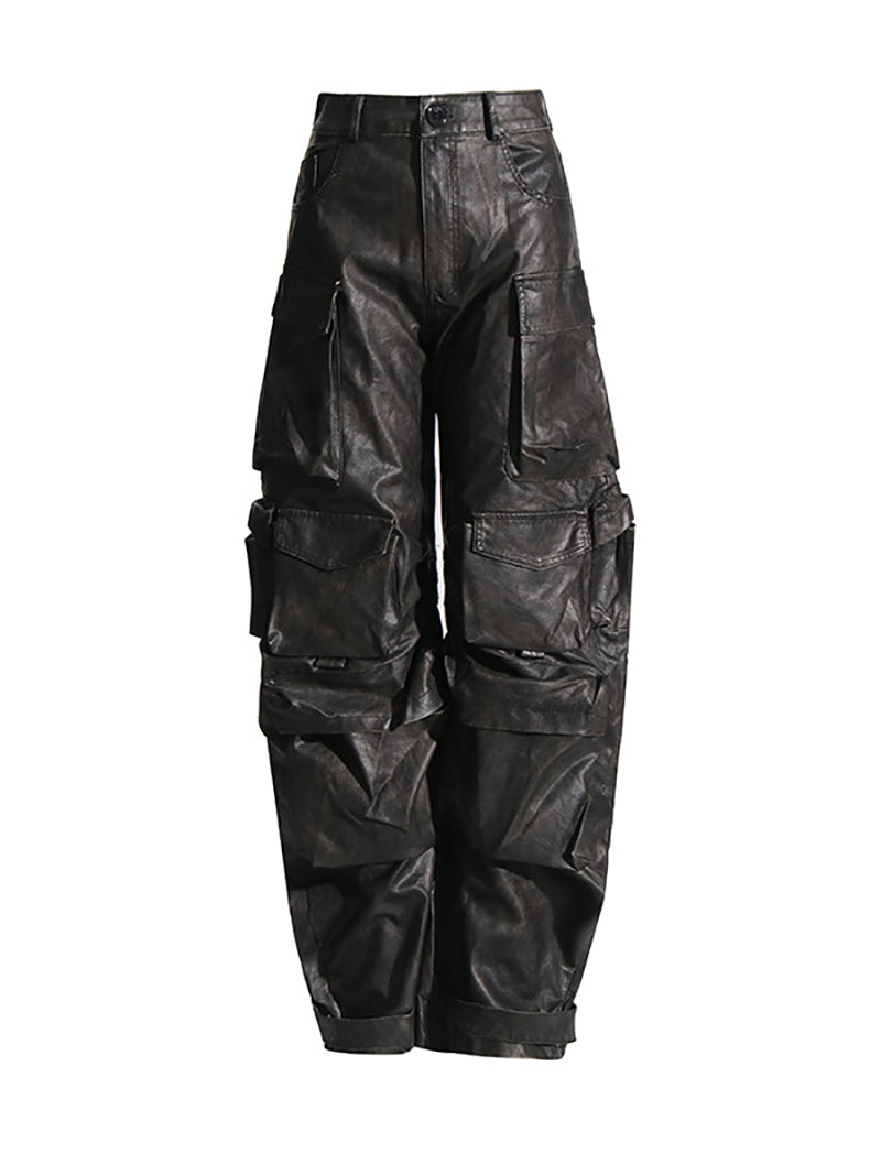 Multi-pocket Wide Leg PU Leather Pants