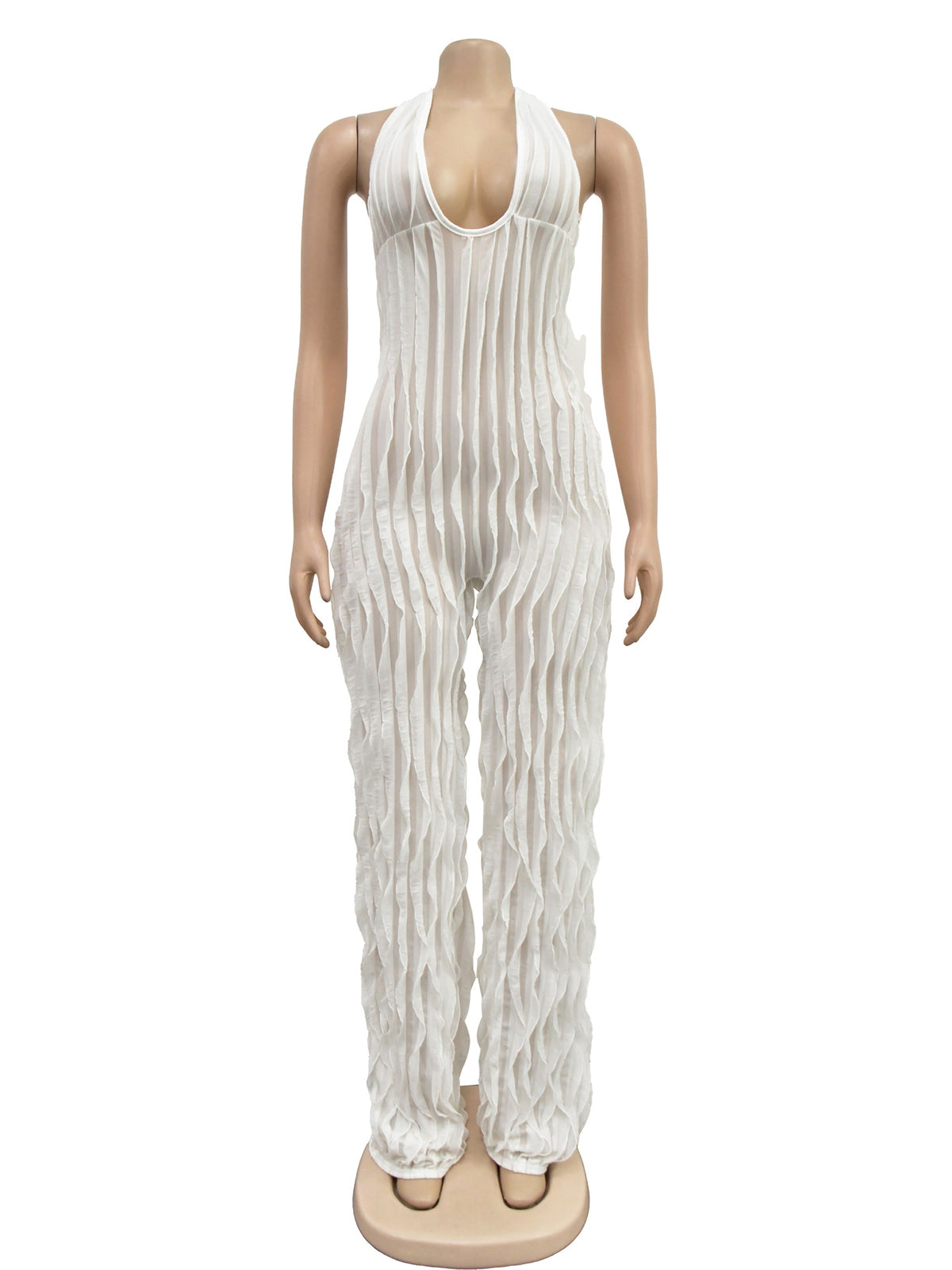 Sexy V Neck Pleat Halter See through Jumpsuit