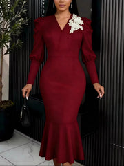 Elegant V-Neck Embroidered Puff Sleeve Mermaid Dress