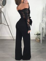 Elegant Off Shoulder Floral Lace Slim Wide Leg Jumpsuit