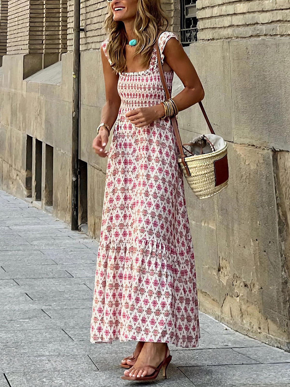 Casual Print Spaghetti Strap Square Neck Maxi Dress