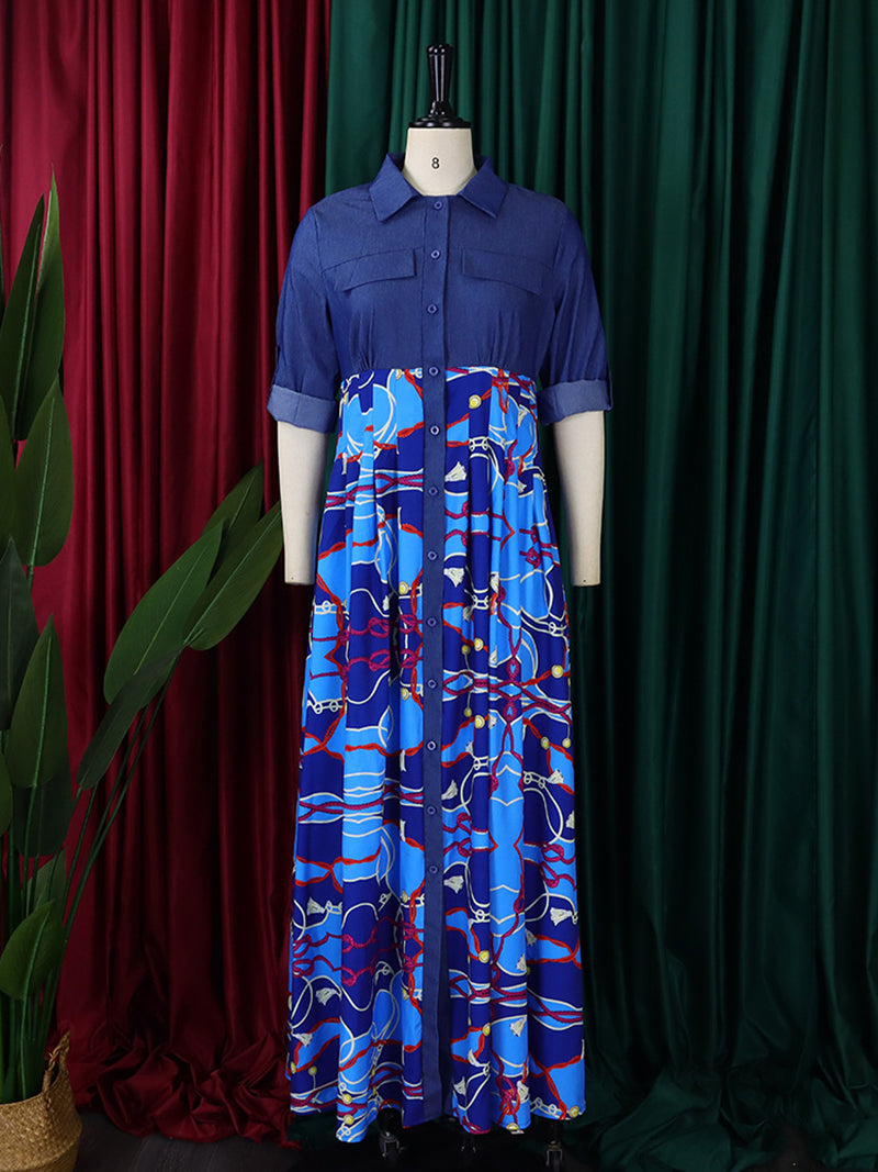 Casual Denim Patchwork Print Maxi Dress