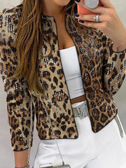 Elegant Leopard Print Sequin Cardigan Jacket