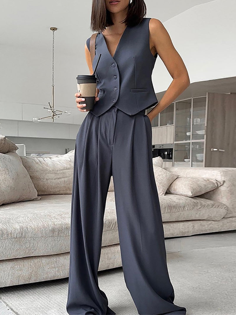 Sleeveless Waistcoat Wide Leg Suit Pants Set