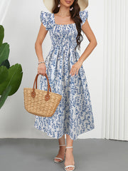 Elegant Floral Print Girdle Waist Midi Dress