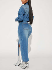 Solid Patchwork Turndown Collar High Waist Denim Dress