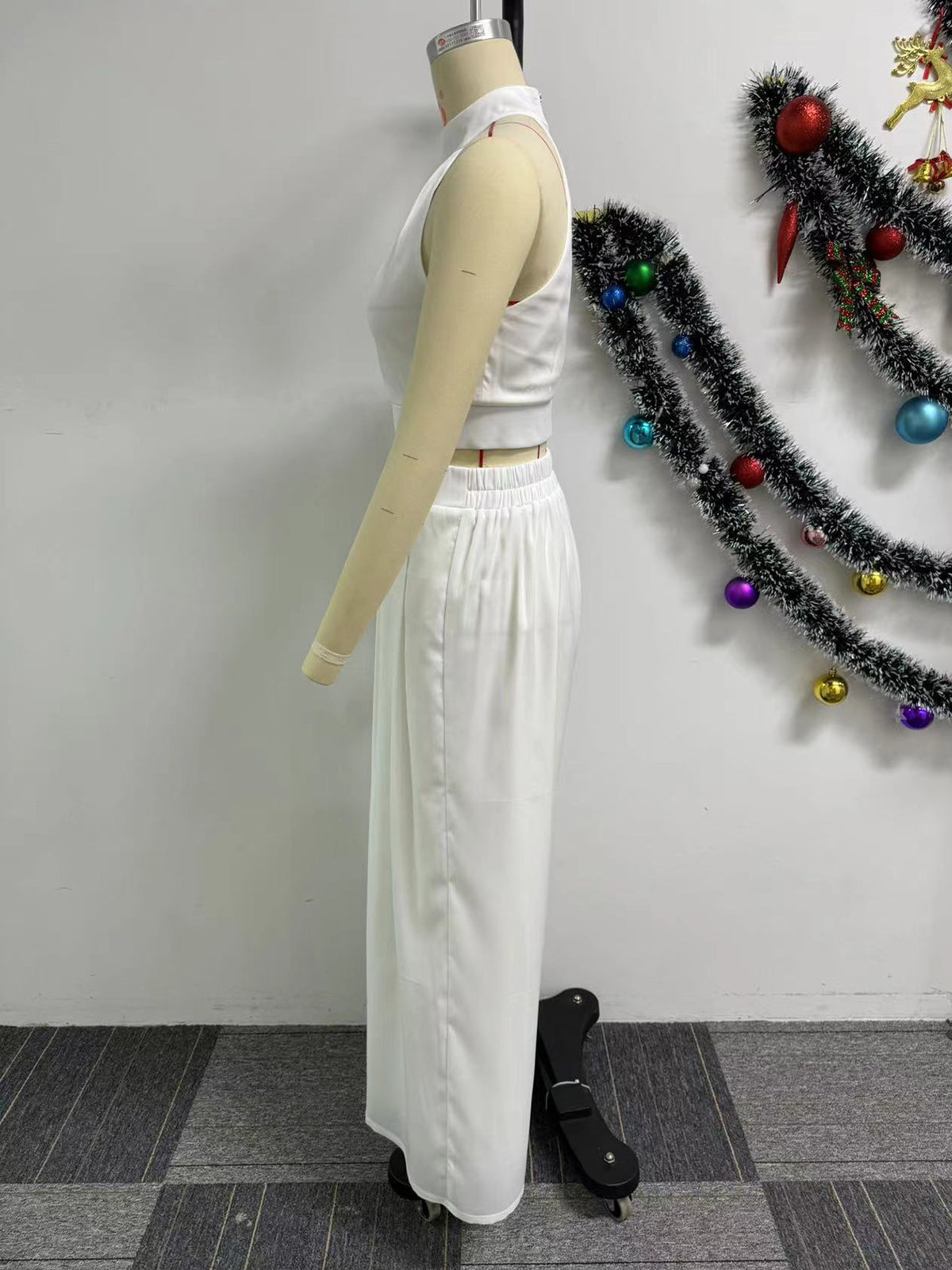 Sexy Pleated Sleeveless Top Wide Leg Pants 2 Piece Set