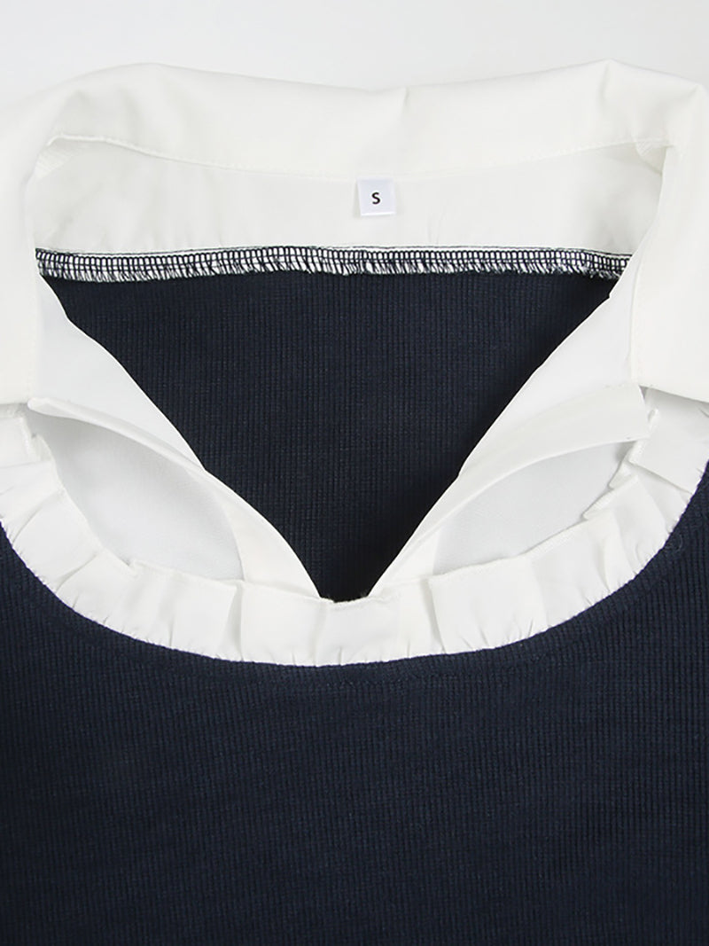 Casual Turn-down Collar Patchwork Pleated Dress