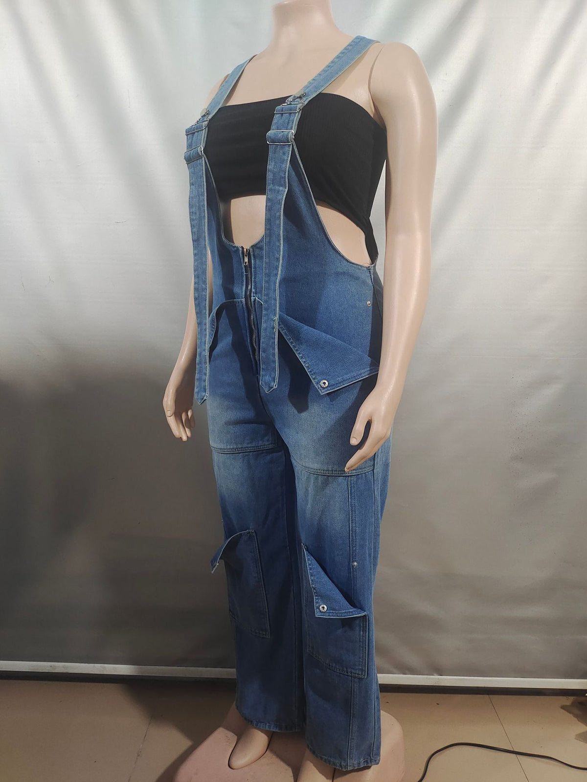 Fashion Casual Zipper Loose Denim Jumpsuits