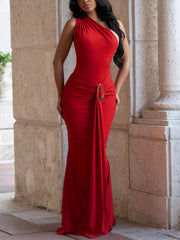 Elegant One Shoulder Metal Decor Ribbons Maxi Dress