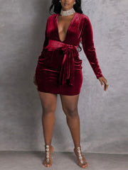 V Neck Long Sleeve Bandage Bodycon Velvet Midi Dress