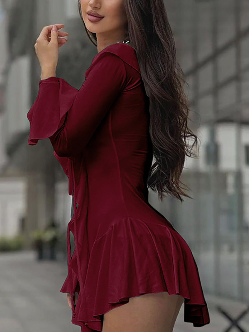 Sexy Ruffle Lace-Up Slim Hem Trim Mini Dress