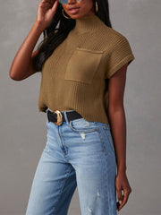 Casual Mock Neck Short Sleeve Ribbed Knit Sweater