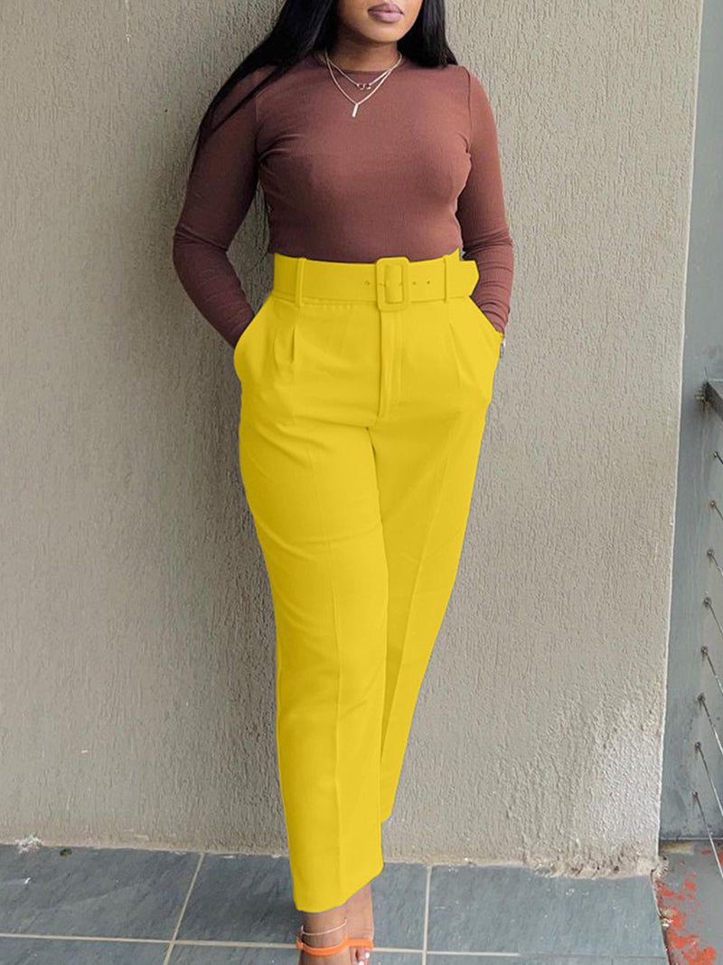 Elegant High Waist Straight Pants With Belt
