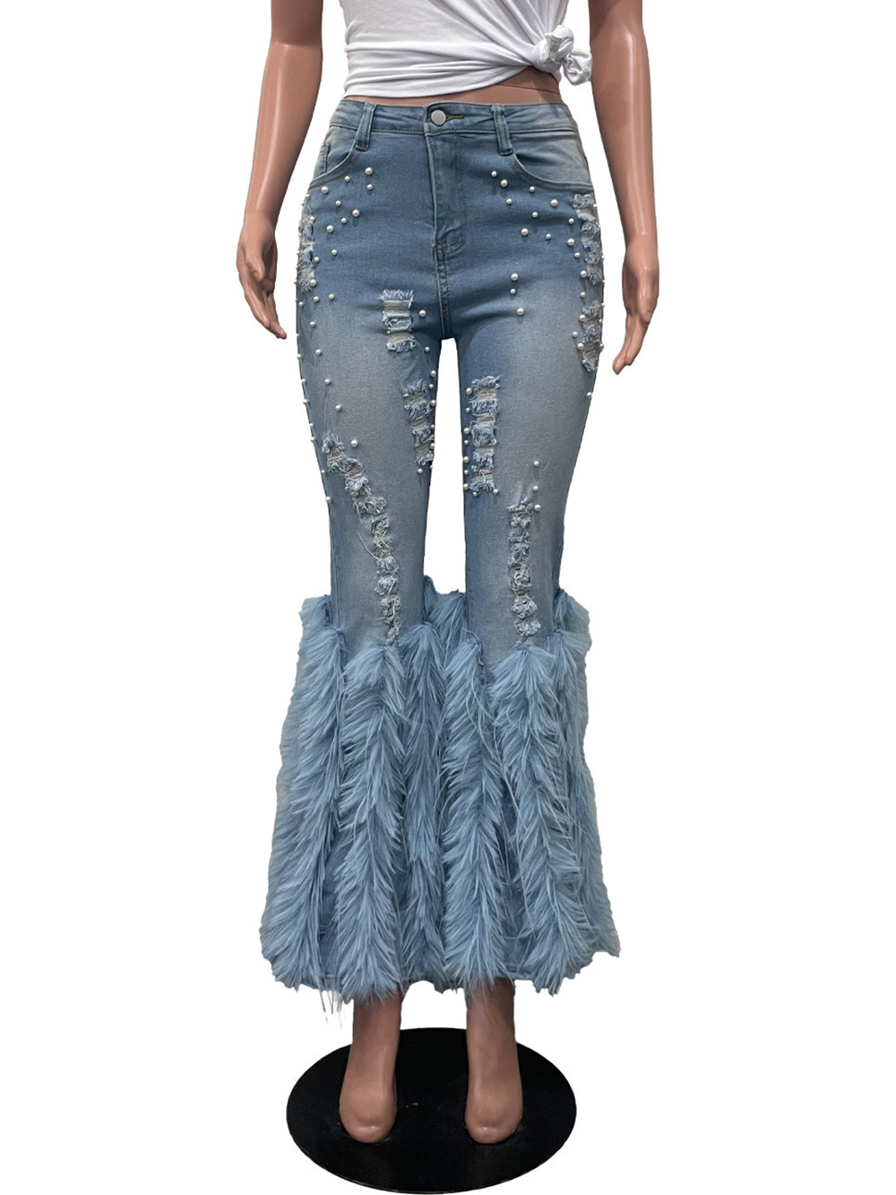 Fashion Feather Combo Ripped Jeans