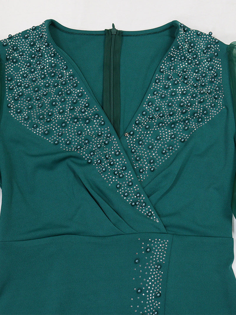 Sexy V Neck Sheer Mesh Sleeve Bodycon Dress