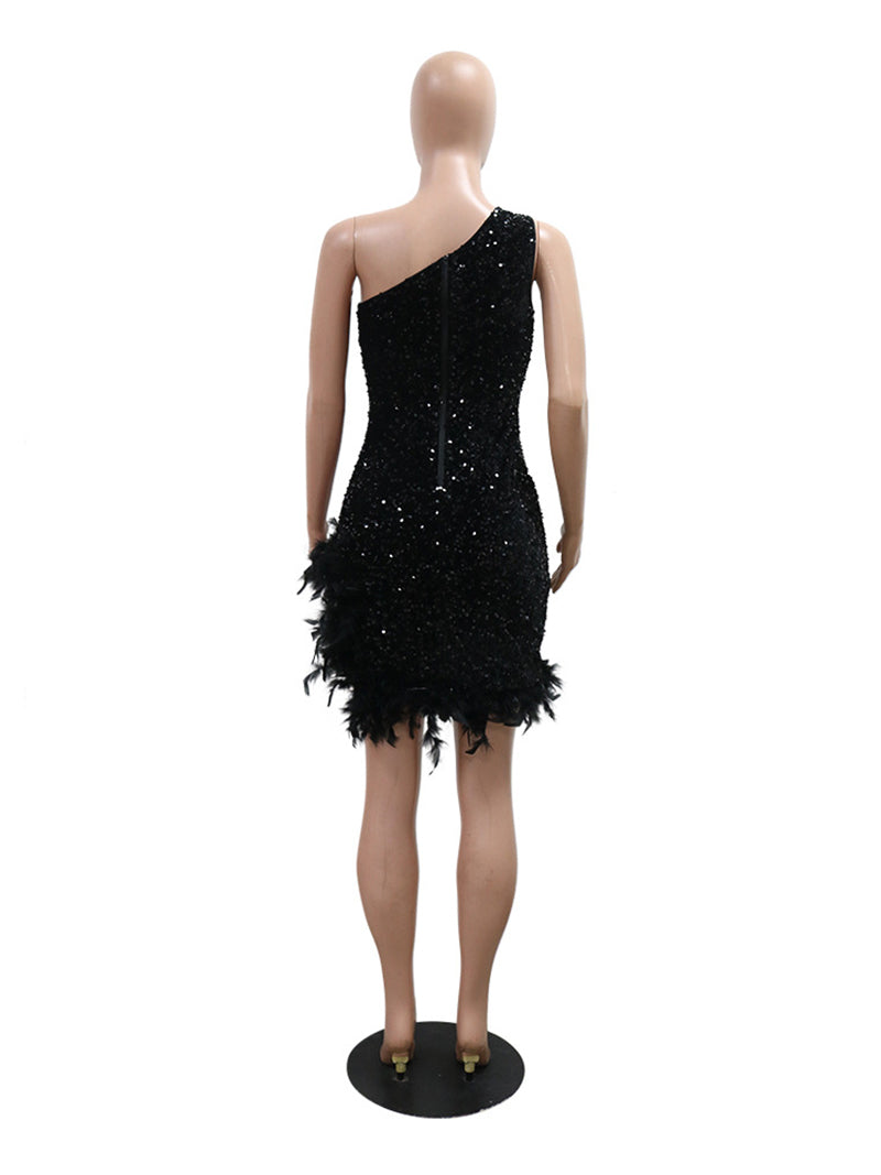 Sequin Slash Shoulder Feather Splicing Mini Dress