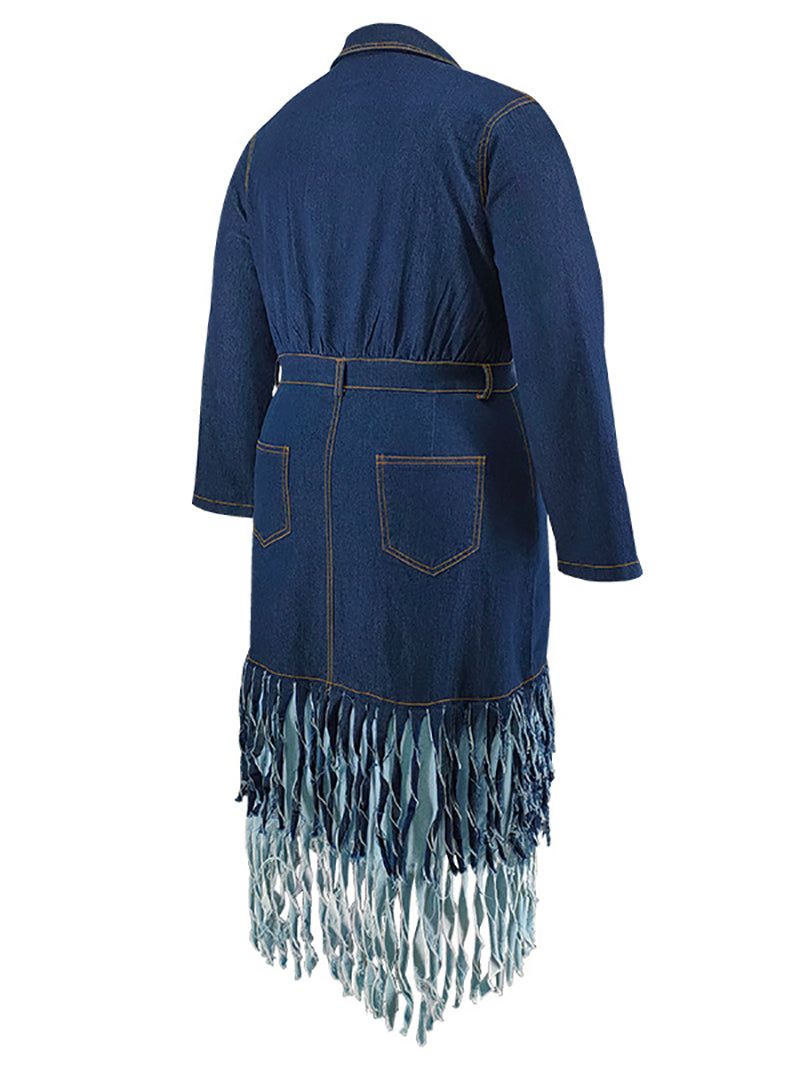 Plus Size Lapel Single breasted Tassels Denim Dress