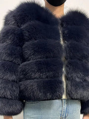 Collarless Tiered Faux Fur Cropped Jacket