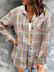 Casual Plaid Hooded Drawstring Button Down Shirt