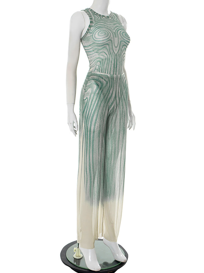 Sexy Print Sheer Mesh Sleeveless Two Piece Set