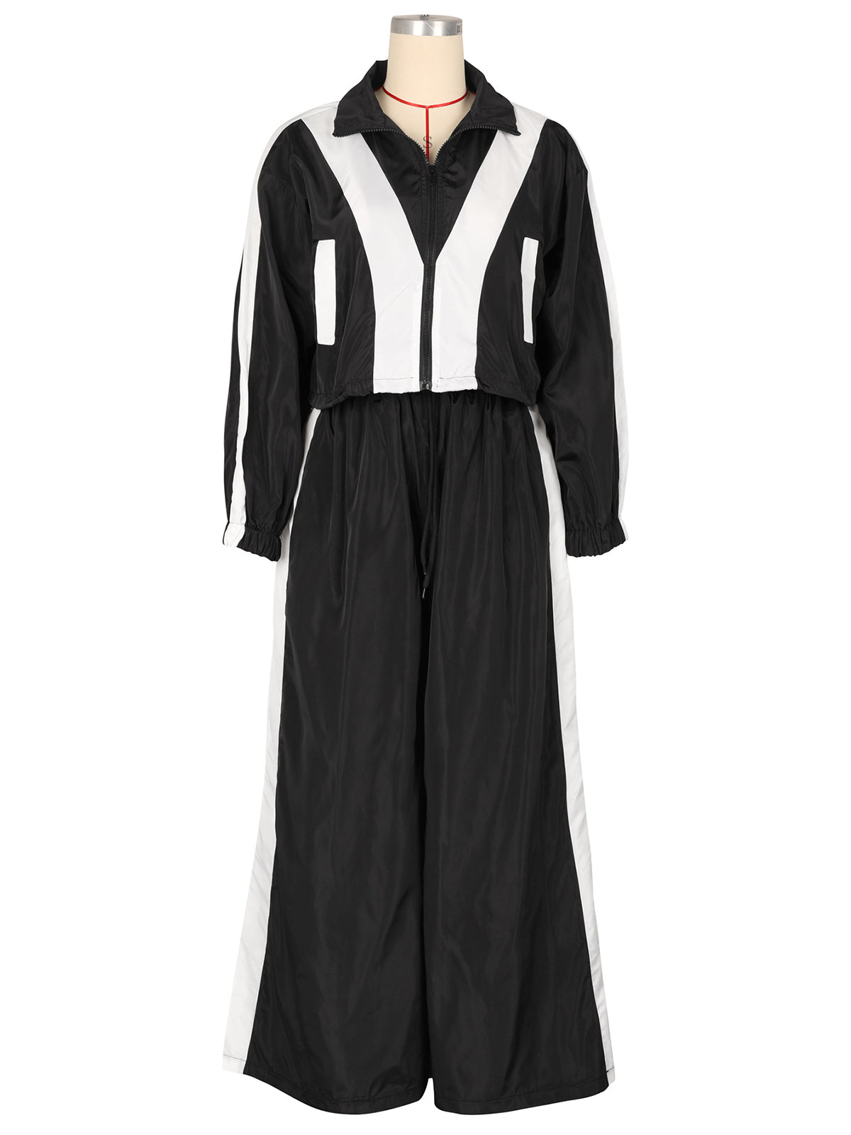 Patchwork Contrast Zipper Collar Sports Two Pieces Set