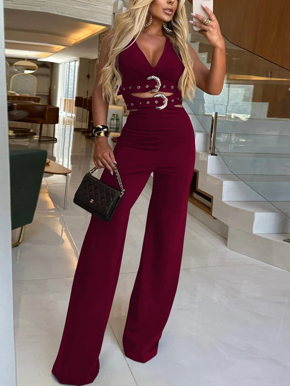 Sexy V-Neck Buckled Belt Top and Pants 2 Piece Set