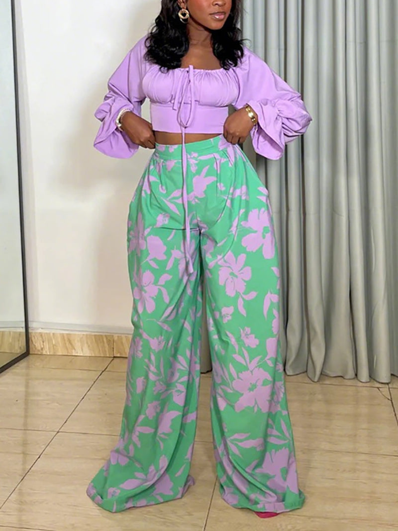 Casual Print Lace-up Crop Top Wide Leg Pants Set