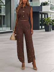 Sleeveless Pearl Wide Leg Pants Set-boutique