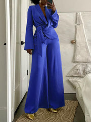 Belted Blazer and Wide Leg Pants Set