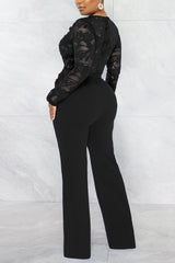 Sexy V Neck Lace Patchwork See-through Jumpsuit