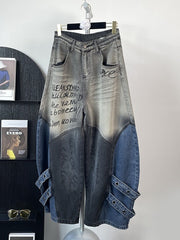 Graffiti Panel Grommet Strap Barrel Jeans-boutique