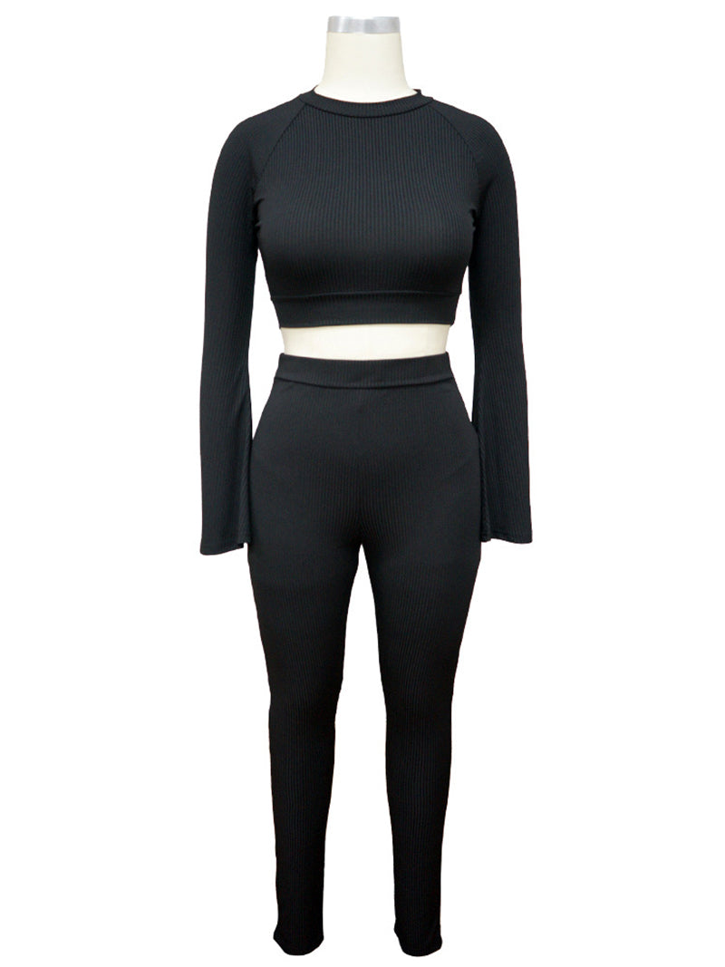 Long Sleeve Crop Top Skinny Pant Ribbed Two piece Set