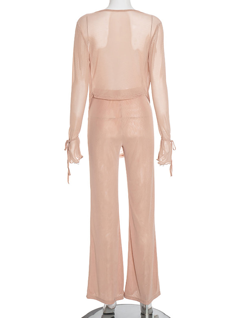 Fashion Cowl Neck Mesh Sheer Top And Pant Sets