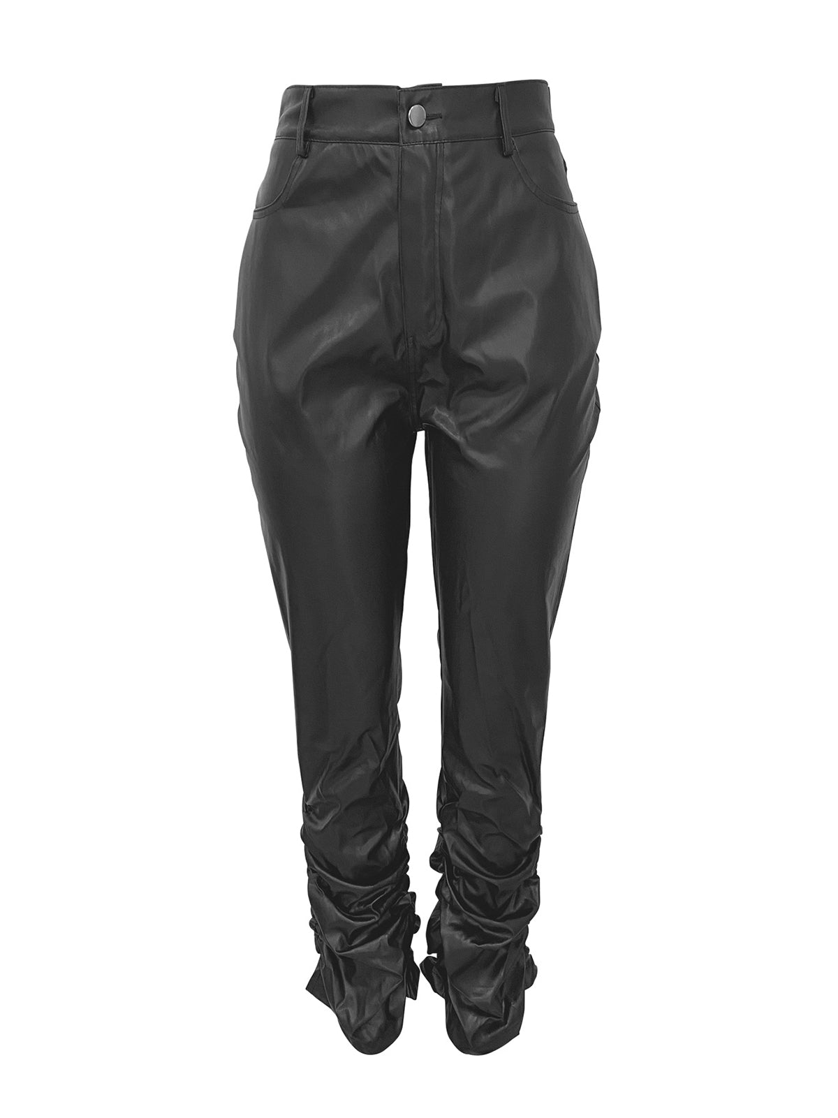 Streetwear Mid Waist Ruched PU Leather Stacked Pants