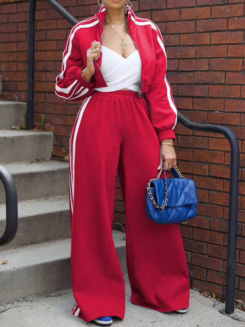 Stripe Crop Jacket And Wide Leg Pants Sports Set