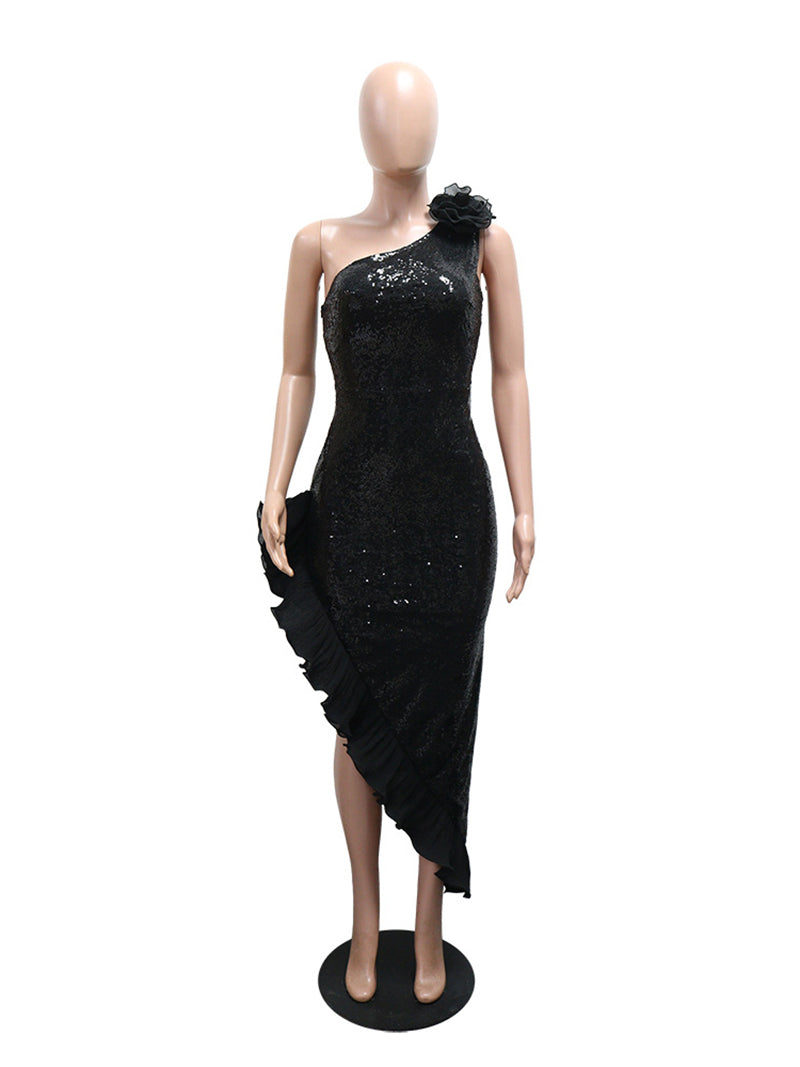 Elegant Slash Shoulder Sequin Split Pleated Ruffle Dress
