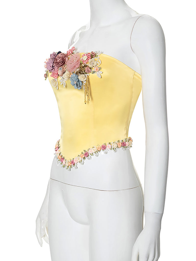 Three-dimensional Flower Decoration Strapless Top