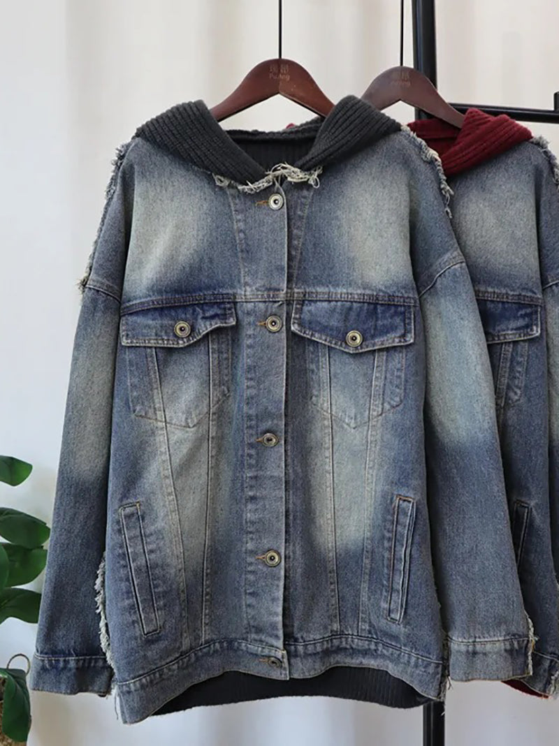 Casual Hooded Denim Patchwork Cardigan Jacket Coat